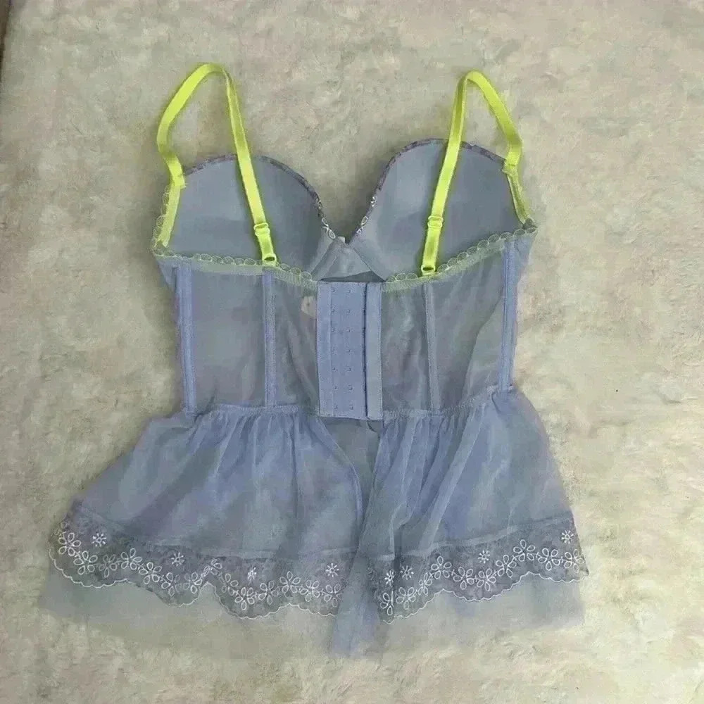 Victoria's Secret Fairycore Babydoll Embroidered Teddy Chemise Lingerie Blue - Picture 3 of 12